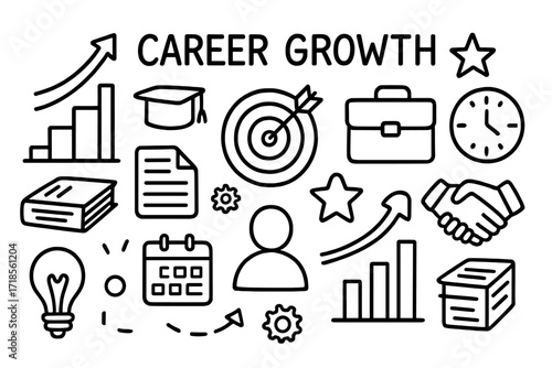 Career Growth Elements. Hand-drawn doodle illustration Career Growth [ladder, arrow, book, graduation cap, briefcase, target, star, clock, handshake, gear,