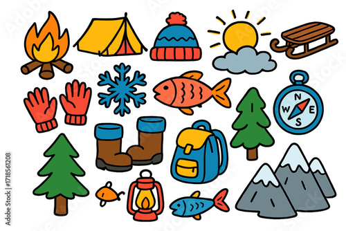 Winter Adventure Icons. Colorful Hand-drawn doodle Children illustration Winter Survival [campfire, tent, sled, snowflake, boots, gloves, hat, sun, cloud,