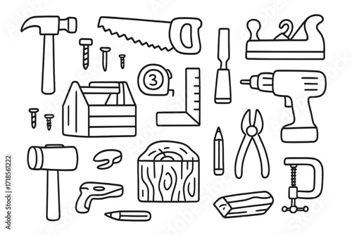 Woodworking Tools Doodle. Hand-drawn doodle illustration woodworking hammer, saw, chisel, wood plane, nails, screws, measuring tape, square ruler, toolbox,