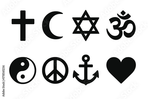 Symbolic Icons Grid. Solid, filled icon set of symbolic and religious signs: cross, crescent, star of David, Om symbol, yin yang, peace sign, anchor, heart.