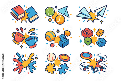 Colorful Colliding Icons. Colorful isometric vector icons set of objects colliding in mid-air: flying books crashing, tennis balls colliding, paper airplanes
