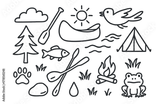 Wilderness Doodle Icons. Hand-drawn doodle illustration River wilderness canoe, paddle, fish, wave, tree, bird, sun, cloud, tent, campfire, paw print, stone,