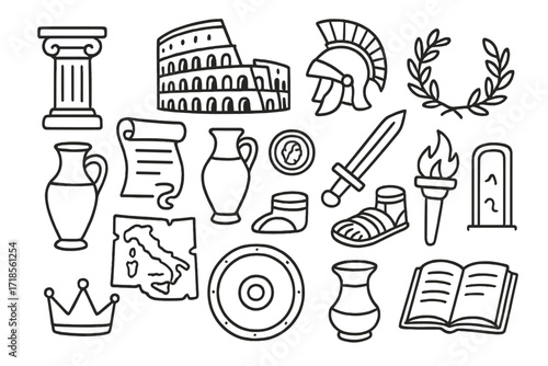 Ancient Rome Doodles. Hand-drawn doodle illustration Ancient Rome section column, amphitheater, helmet, laurel wreath, sword, shield, scroll, vase, coin,