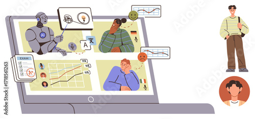 Robot teacher explains concepts on a laptop with diverse students, graphs, language tools, and emotional feedback. Ideal for education, technology, AI, diversity, analytics e-learning simple flat