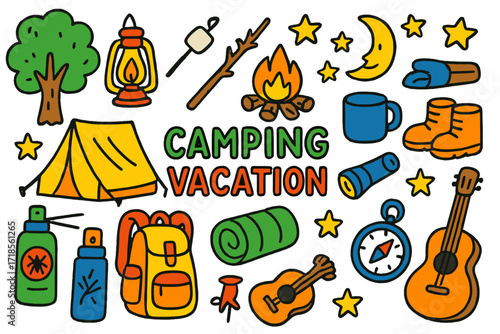 Children's Camping Adventure. Colorful Hand-drawn doodle Children illustration Camping Vacation tent, campfire, marshmallow stick, flashlight, moon, sleeping
