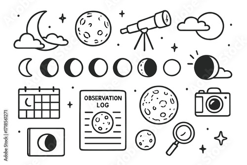 Lunar Observation Doodles. Hand-drawn doodle illustration [lunar observation] moon phases, crater texture, telescope, sky calendar, dark sky, moonrise, shadow