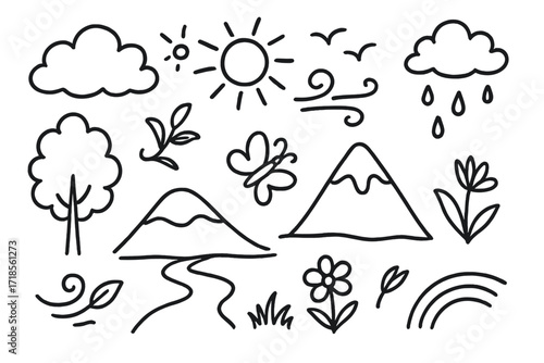 Nature Doodle Icons. Hand-drawn doodle illustration Cloud in Nature tree, hill, fluffy cloud, mountain, river, sun, wind gust, birds flying, butterfly, flower,