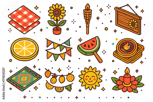 Summer BBQ Icons. Colorful isometric vector icons set of seasonal summer BBQ decor: picnic tablecloth, sunflower centerpiece, bamboo torch, BBQ welcome sign,
