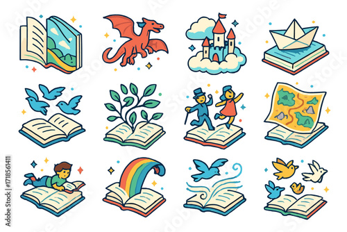 Magical Storybook Icons. Colorful isometric vector icons set of storybook scenes with motion: fairytale book unfolding, dragon flying from pages, story cloud