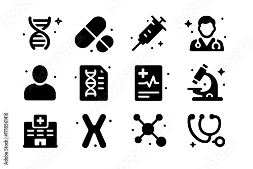 Precision Medicine Icons. Precision medicine. Solid icons set of precision medicine: DNA helix, pill, syringe, doctor, patient, genetic report, medical chart,