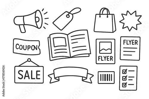 Advertising Doodle Icons. Advertising. Hand-drawn doodle illustration catalog, megaphone, price tag, shopping bag, starburst, coupon, barcode, sale sign,