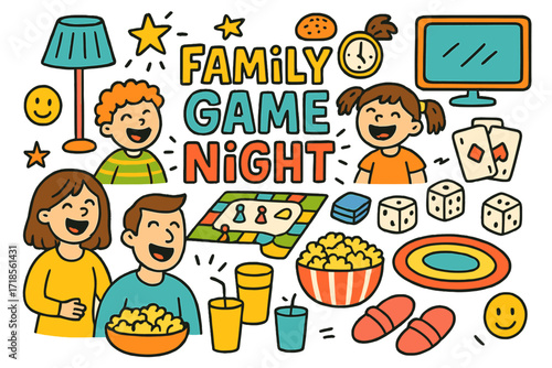 Family Game Night. Colorful Hand-drawn doodle Children illustration Family Game Night board game, cards, dice, laughing kids, parents, popcorn bowl, drinks,
