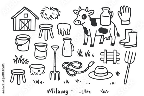Rural Milking Essentials. Hand-drawn doodle illustration Rural milking life Milking stool, cow, bucket, barn, hay, milk jug, gloves, farmer hat, boots, rope,