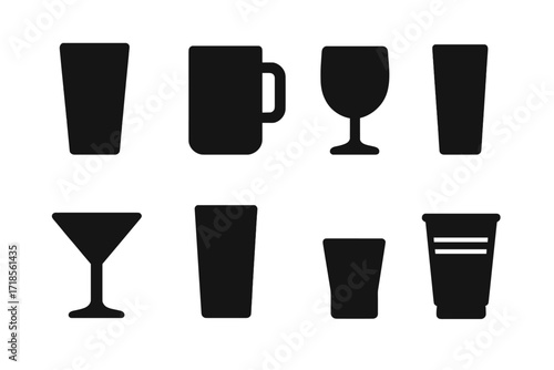 Black Drinkware Icons. Solid, filled icon set of tap drinking glasses: pint glass, mug, tumbler, wine glass, cocktail glass, highball glass, shot glass,