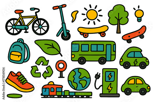 Eco-Friendly Transportation Doodles. Colorful Hand-drawn doodle Children illustration Green transportation [bicycle, electric scooter, skateboard, bus, train,