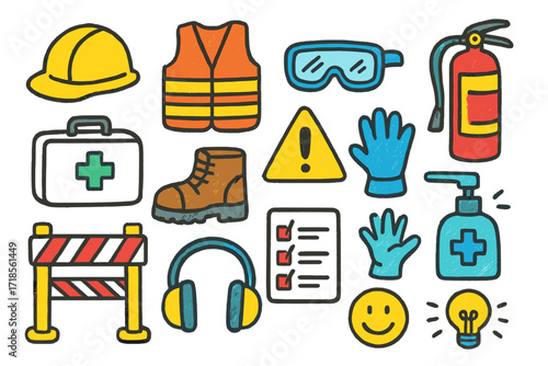 Workplace Safety Doodles. Colorful Hand-drawn doodle Children illustration Workplace Safety hard hat, safety vest, goggles, warning sign, gloves,