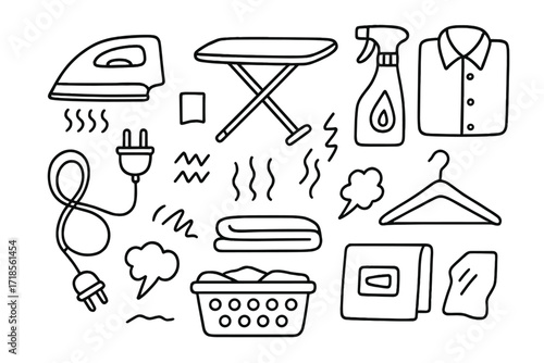 Ironing Essentials Doodle. Hand-drawn doodle illustration Ironing Accessories steam iron, ironing board, spray bottle, folded shirt, hanger, power cord, fabric