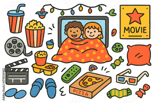 Movie Night Essentials. Colorful Hand-drawn doodle Children illustration Movie night popcorn, soda cup, TV screen, blanket, slippers, film reel, clapperboard,