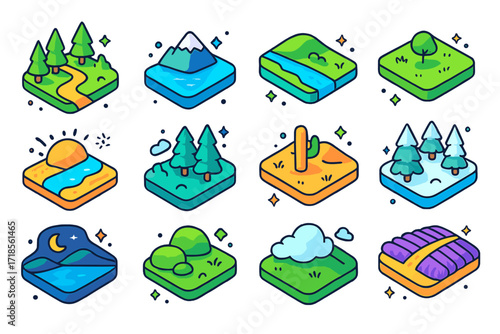 Isometric Nature Icon Set. Colorful isometric vector icons set of calming nature scenes: forest path, mountain reflection, calm river, open meadow, beach