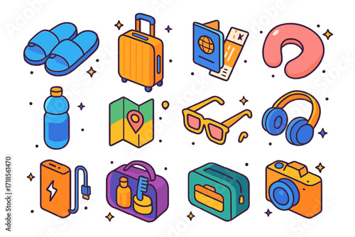 Isometric Travel Essentials. Travel essentials. Colorful isometric vector icons set of travel essentials: travel slippers, suitcase, passport, airplane ticket,