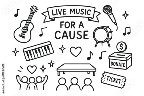 Live Music Charity. Hand-drawn doodle illustration Live music for a cause [guitar, microphone, drum, keyboard, crowd, heart, sparkle, star, banner, donation
