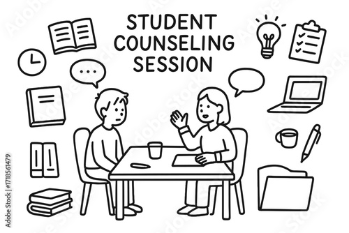 Student Counseling Doodles. Hand-drawn doodle illustration Student Counseling Session [student, mentor, table, chair, speech bubble, notebook, books, calendar,