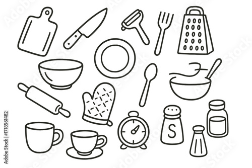 Cozy Kitchen Doodles. Hand-drawn doodle illustration Designing a cozy and functional kitchen Cutting board, Knife, Peeler, Grater, Bowl, Plate, Spoon, Fork,