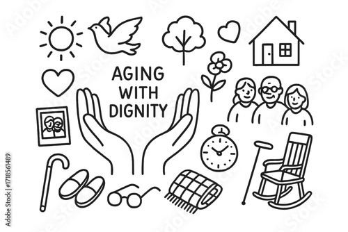 Aging with Dignity Symbols. Hand-drawn doodle illustration family support in aging with dignity hands, heart, house, family, flower, photo, tree, rocking