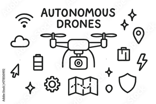 Autonomous Drone Icons. Hand-drawn doodle illustration Autonomous drones [drone, propeller, camera, cloud, wifi symbol, battery, gps pin, sparkle, star, gear,