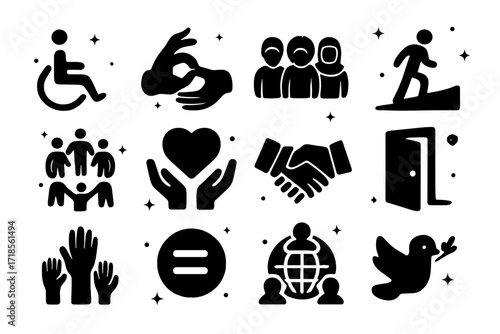 Inclusion Icons Set. Inclusion. Solid icons set of wheelchair symbol, sign language hand, diverse people, accessible ramp, inclusive circle, support heart,