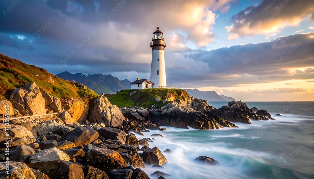 Fototapeta premium Lighthouse at sunset on rocky coast