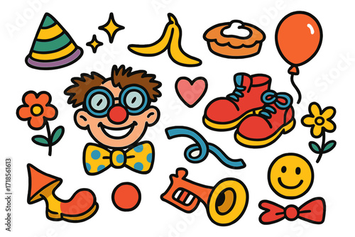 Schoolyard Jokers Playful Doodles. Colorful Hand-drawn doodle Children illustration Schoolyard Jokers silly glasses, bow tie, banana peel, pie, oversized