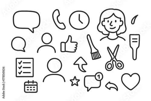 Stylist App Icon Set. Hand-drawn doodle illustration [client-stylist communication app] [chat bubble, phone icon, appointment clock, hair icon, checklist,