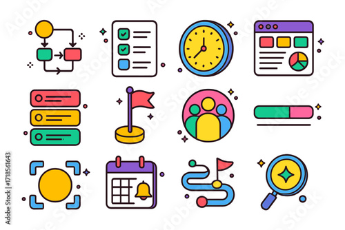 Colorful Workflow Icons. Colorful isometric vector icons set of work process clarity: workflow chart, to-do list, time tracking clock, project dashboard, task