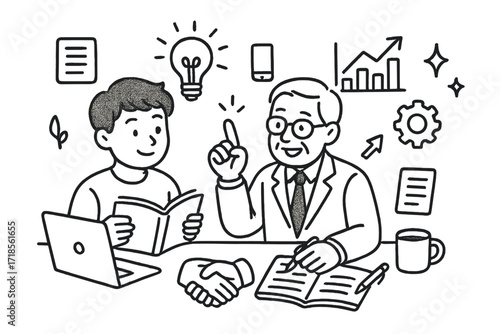 Entrepreneurship Mentor Icons. Hand-drawn doodle illustration Young entrepreneur learning from mentor [two figures, book, notebook, pen, light bulb, chart,