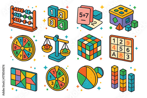 Colorful Math Icons. Colorful isometric vector icons set of math and logic games: abacus, number tiles, equation cards, geometric shape sorter, multiplication