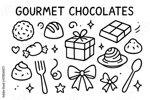 Gourmet Chocolate Doodles. Hand-drawn doodle illustration Gourmet Chocolates [truffle, praline, chocolate bar, bonbon, wrapper, swirl, box, ribbon, bow, spoon,