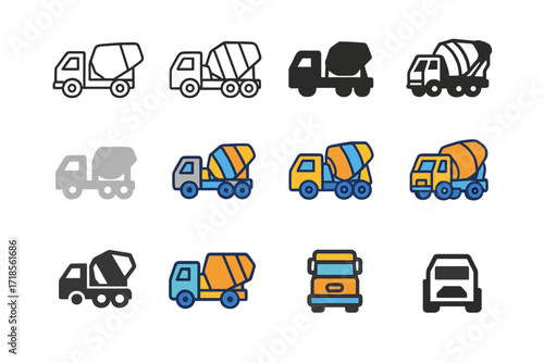 Concrete Mixer Logo Set. Set Logo of Commercial Construction: Concrete Mixer Truck. Logo set in vector style, emblematic variations. line, bold thick line,
