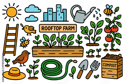 Rooftop Urban Farming. Colorful Hand-drawn doodle Children illustration Urban rooftop farming planter beds, watering can, city skyline, leafy plants, compost