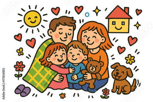 Family Hug Doodle. Colorful Hand-drawn doodle Children illustration Family group hug arms around each other, hearts, parents and kids, teddy bear, love