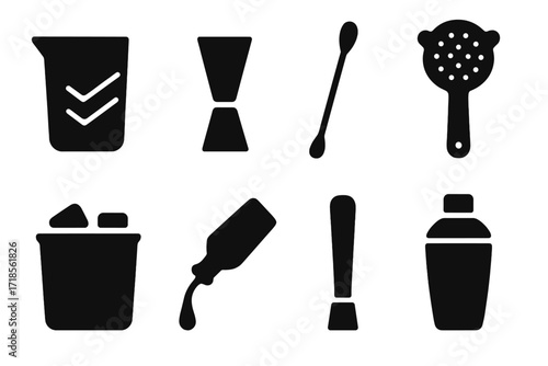 Negroni Cocktail Icons. Solid, filled icon set of negroni cocktail preparation: mixing glass, jigger, bar spoon, strainer, ice bucket, pouring bottle, muddler,