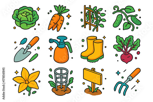 Backyard Garden Icons. Colorful isometric vector icons set of Backyard vegetable garden: lettuce head, carrot bunch, trellis with beans, cucumber vine, garden