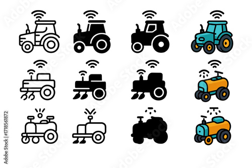 Autonomous Farming Vehicles Icons. Icon Set of Autonomous Farming Vehicles: Self-driving tractor, Robotic plow, Smart irrigation vehicle. Icons set in vector
