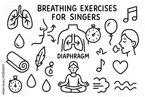 Singing Breathing Doodles. Hand-drawn doodle illustration Breathing exercises for singers lungs, diaphragm symbol, nose, mouth, arrows showing airflow, yoga