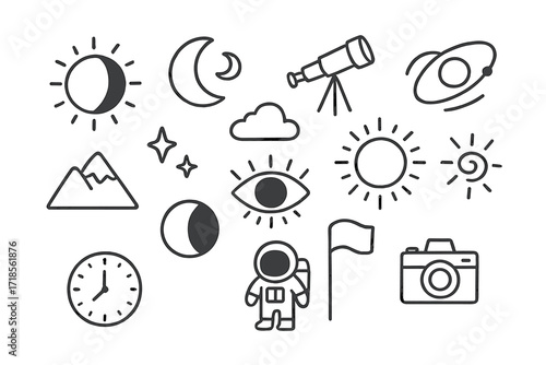 Celestial Exploration Icons. Hand-drawn doodle illustration eclipse sun, moon, star, telescope, orbit lines, cloud, mountain, eye, shadow, rays, galaxy swirl,