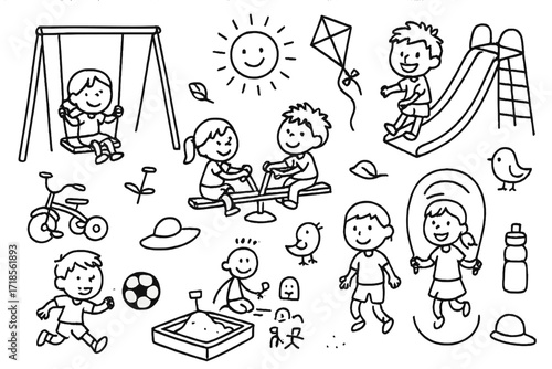 Park Playground Doodle. Hand-drawn doodle illustration Kids playing in the park [swing, seesaw, slide, kite, soccer ball, tricycle, sandbox, chalk drawing,