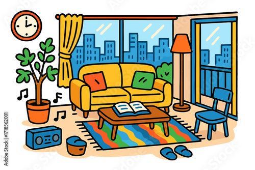 City Apartment Doodle. Colorful Hand-drawn doodle Children illustration City Apartment Lounge large window, sofa, coffee table, cushions, skyline, indoor tree,