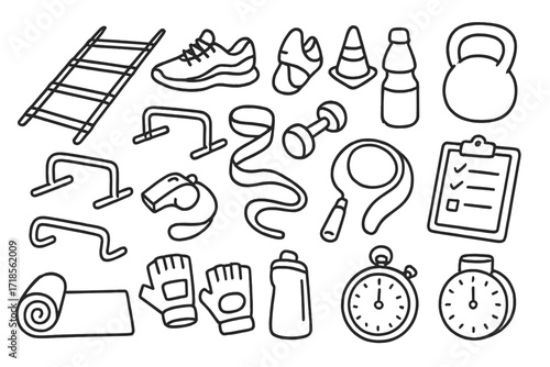 Agility Training Tools. Hand-drawn doodle illustration [athletic agility tools] [agility ladder, running shoes, cones, hurdles, jump rope, dumbbell, resistance