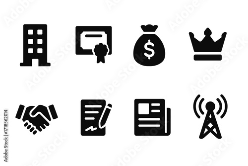 Media Ownership Icons. Solid, filled icon set of media ownership: building, stock certificate, money bag, crown, handshake, contract, newspaper, broadcast
