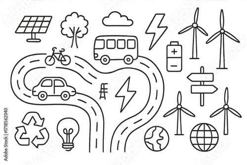Renewable Energy Doodle. Hand-drawn doodle illustration Renewable energy road networks [road, solar panel, wind turbine, car, bus, truck, bicycle, energy bolt,